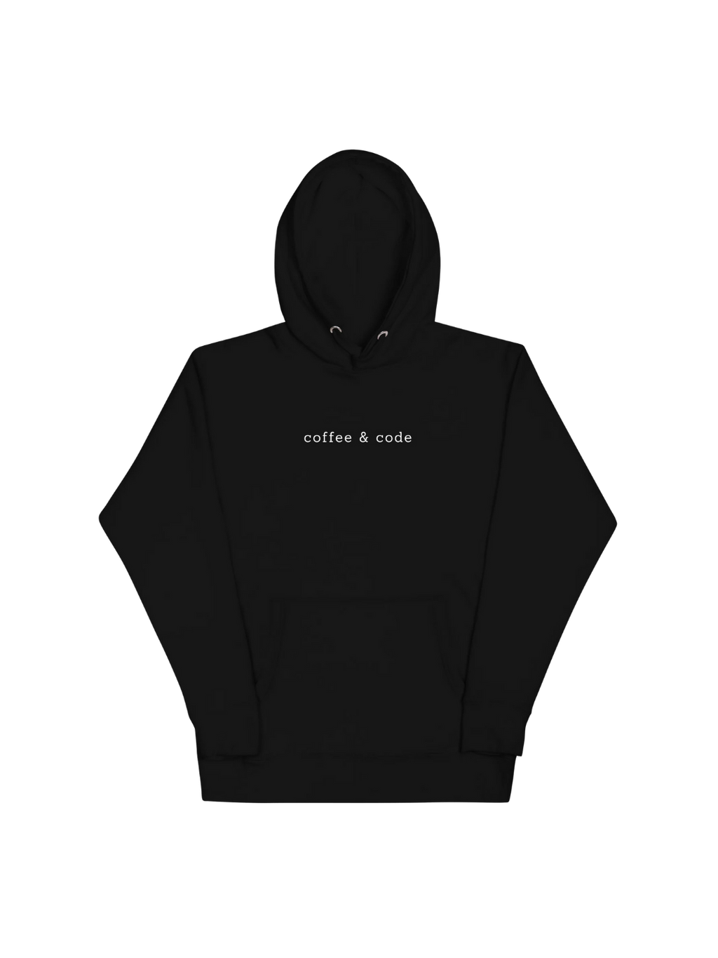 Black hoodie with 'coffee & code' text on a white background