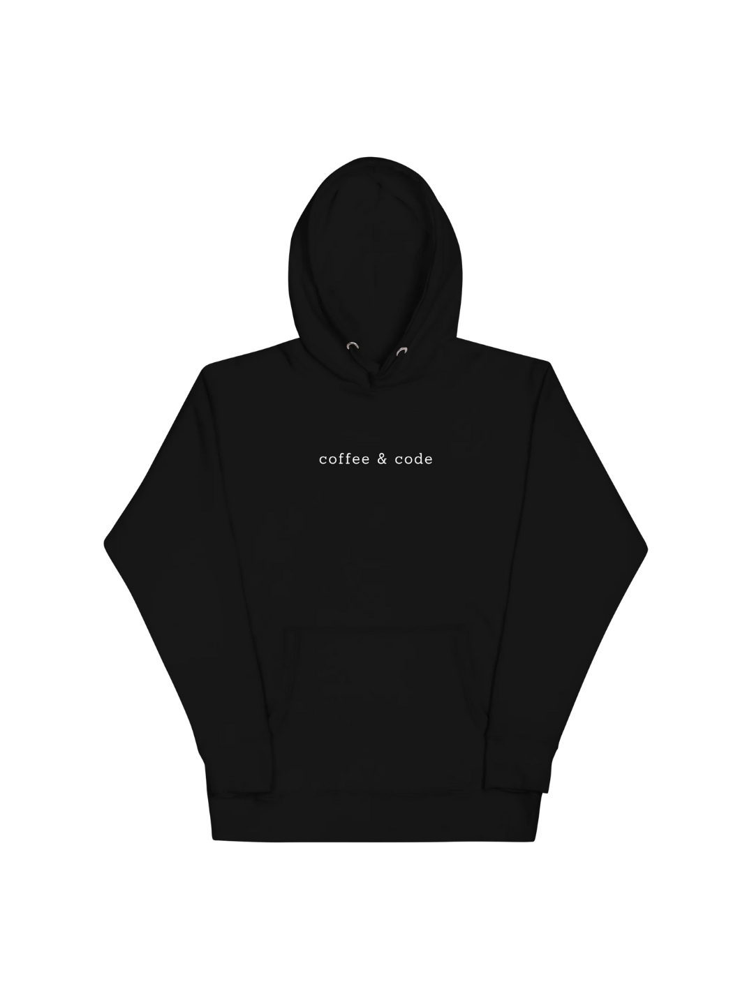 Black hoodie with 'coffee & code' text on a white background